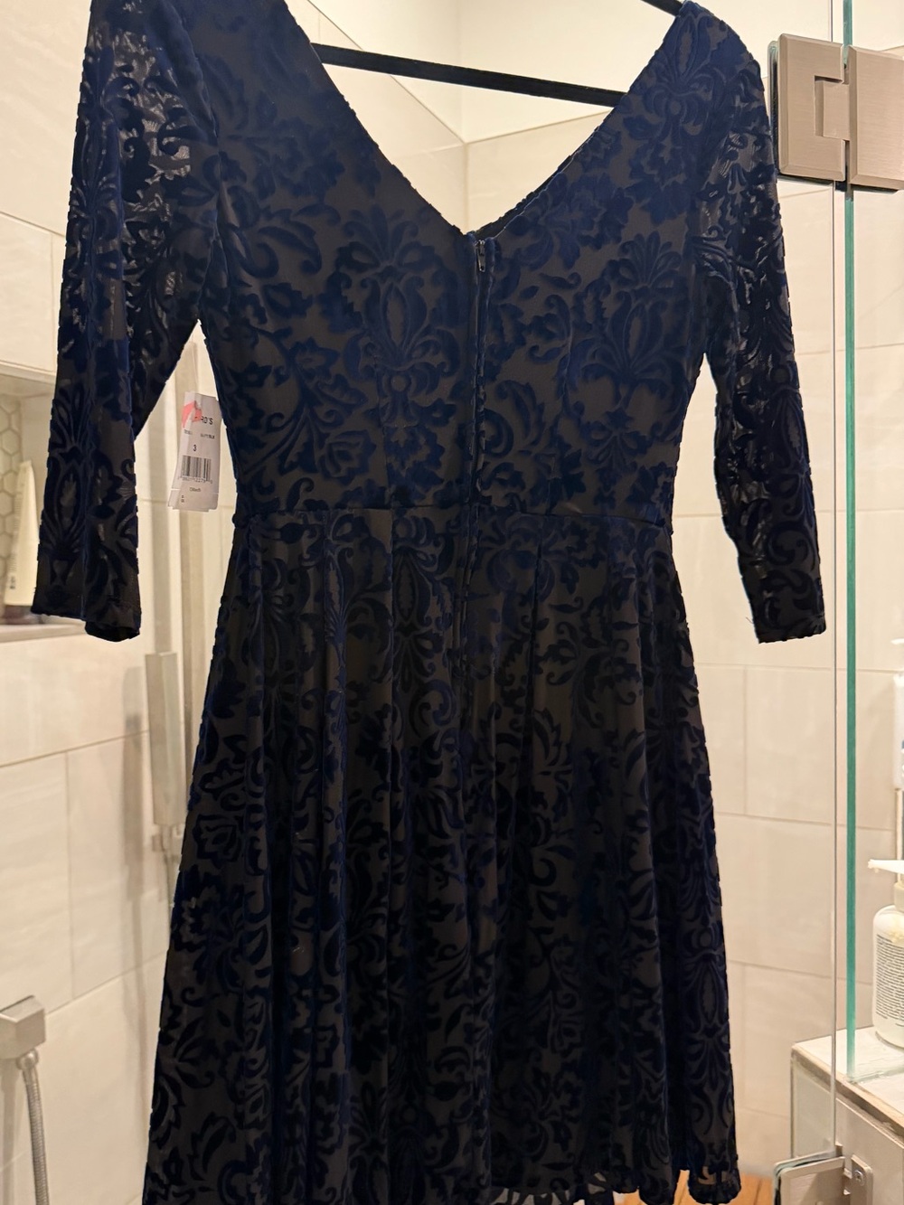 Women's Navy Blue Burnout Velvet V-Neck Long Sleeve Dress